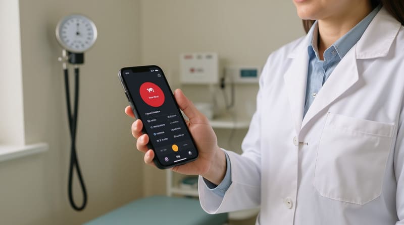 Gros plan d’un tensiomètre numérique indiquant 120/80 mmHg et 72 pulsations par minute, placé à côté d’un carnet avec un stylo.