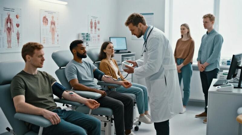 Un groupe de personnes mesure sa tension artérielle avec l’aide et la supervision d’un médecin.